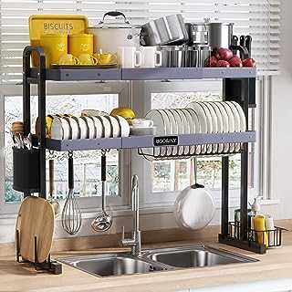 Over Sink Dish Drying Rack, Boosiny 2 Tier Stainless Steel Expandable Kitchen Dish Rack (27.5'' - 33.5''), Adjustable Large Dish Drainer Shelf with Utensil Holder, Over the Sink Storage Rack Organizer