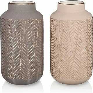 TERESA'S COLLECTIONS Brown and Beige Rustic Pottery Ceramic Vase for Flowers, Set of 2 Decorative Handmade Glazed Vases for Pampas Grass, Farmhouse Vase for Living Room, Bedroom and Mantel, 20cm Tall