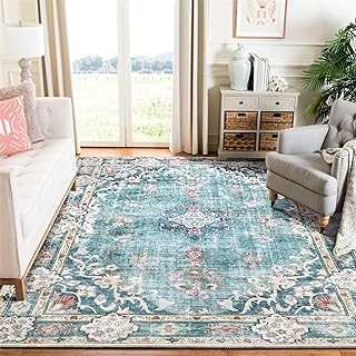 MUJOO Teal Rug 6'x9' Area Rugs for Living Room Washable Rugs Large Boho Carpet for Bedroom Dining Room Neutral Vintage Bohemian Farmhouse Abstract Non Slip Soft Floral Blue Flowers Colorful