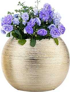 17 CM Round Modern Metallic Gold Tone Ridged Ceramic Plant Flower Planter Pot / Decorative Bowl Vase