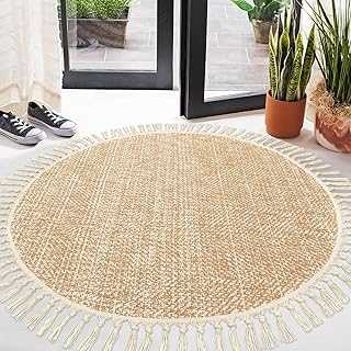 Collive Hand Woven Round Area Rug Soft Cotton Machine Washable Carpet 4ft Farmhouse Rugs with Tassels, Tan/Cream Circle Rugs for Bedroom Living Room Dining Room Table Office