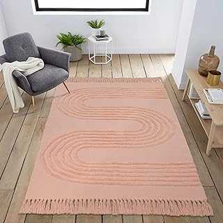 Boho Pink Living Room Rug 5'x7'Washable Cotton Bedroom Rug,Woven Linear Tufted Nursery Area Rug with Tassels Accent Farmhouse Carpet for Teen Room Entryway Dorm