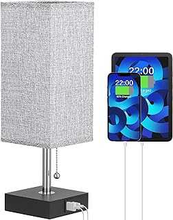 USB Bedside Table Lamp, Aooshine Modern Bedroom Lamp with USB C and USB A Charging Ports, Grey Square Fabric Shade & Bedside Lamp Perfect for Living Room, Office and Hotel