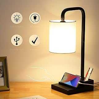 3-Way Touch Control Dimmable Table Lamp Modern Nightstand Lamps, with 2 USB Charging Ports, Fabric Round Lampshade, 100 W Equivalent Vintage LED Bulb Included, Suitable for Bedroom Living Room Office
