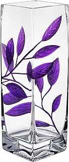 Luxury Hand Blown Glass Vase - Decorated with Etched, Painted Leaves - Gift Box - Clear Square Vase Centerpiece Thick Glass for Home Decor, Gift - 9.8 in (25 cm) (Purple)
