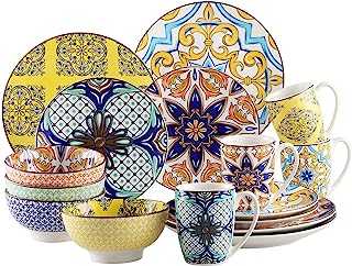 vancasso Jasmin Patterned Dinner Set - 16 Pieces Porcelain Dinnerware Set Moroccan Crockery with 10.6 inch Dinner Plate 8.3 inch Dessert Plate 6 inch Bowl and 10.6 oz Mug, Service for 4