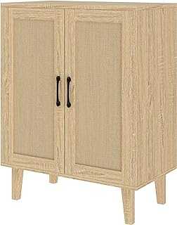 panana Buffet Storage Cabinet with Rattan Decorating Living Room Wood Kitchen Sideboard Accent Cabinet (69(W) x 38(D) x 88(H) cm, Natural Wood)