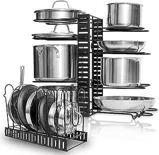 GeekDigg Pot Rack Organizer For Cabinet or Countertop, 3 DIY Methods Pot Rack, Height and Position are Adjustable 8+ Pots and Pan Lid Holder, Black Metal Kitchen Pantry Organizer Upgraded Version