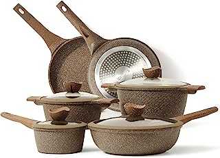 CAROTE Non Stick Pots and Pans Set, 10 Pcs Induction Hob Pans Set, Kitchen Cookware Set w/Frying Pans, Stockpots & Saucepan, PFOS, PFOA Free (Brown Granite)