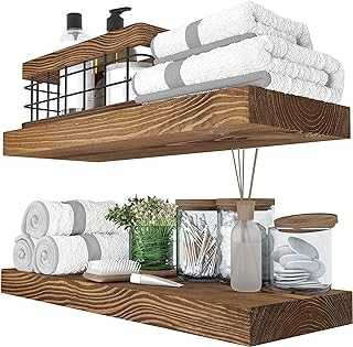 BAOBAB WORKSHOP Floating Wood Shelves Set of 2 - Rustic Shelf 16 inch - Handcrafted in Europe - Wide Wooden Wall Shelves for Living Room Bedroom Kitchen Bathroom Farmhouse - Walnut Color - 16" x 6.7"