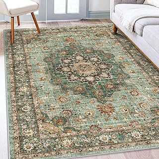 TOPRUUG Washable Oriental Area Rug - 5x8 Rugs for Living Room Soft Boho Carpet for Bedroom Waterproof Floral Distressed Indoor Stain Resistant Non-Shedding Floor Carpets (Green, 5x8)
