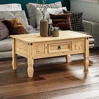 Amazon Basics Corona Rectangular Coffee Table With Drawer, Made From Distressed Waxed Solid Wood, Pine, 56 cm D x 94 cm W x 45 cm H (Previously Movian brand)
