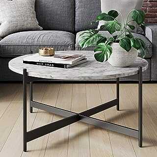 Nathan James Faux White Marble Modern Contemporary Accent Side or Coffee Table for Living Room with Metal Frame, Engineered Wood, Black