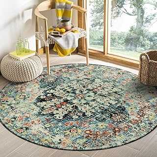Lahome Bohemian Floral Medallion Round Rug - 4Ft Entryway Round Area Rug Soft Bathroom Circle Mat, Teal Turkish Non Slip Machine Washable Indoor Accent Carpet for Bedroom Kitchen Coffee Table