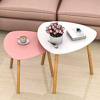 Nesting Table Set of 2 Bamboo End Table for Living Room Side Table for Bedroom Triangle Modern Coffee Table (White & Pink)