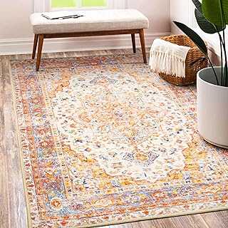 MUJOO Machine Washable Rugs 3x5 Boho Area Rug Small Area Rugs Non Slip for Entryway Bedroom Bedside Kitchen Hallway Living Room Laundry Room Indoor Mat Soft Low-Pile Burnt Orange and Blue