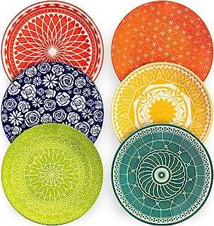 Annovero Dinner Plates, Large Plates for Appetizers, Salad, Pasta, or Lunch, Cute Plates, Microwave Safe and Oven Safe Plates, Modern, Boho, Colorful, Set of 6 Porcelain Plates, 10.5 Inch Diameter