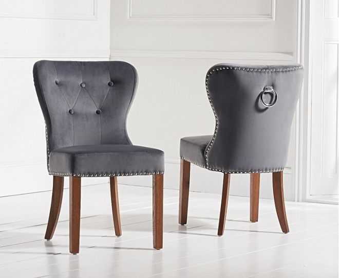 Kalim Plush Studded Chair (Pair) (Chair Colour: Grey Plush Dark oak)