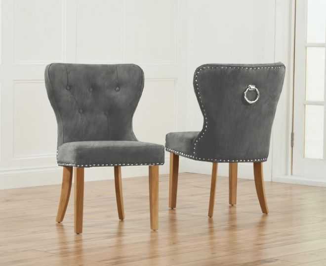 Kalim Plush Studded Chair (Pair) (Chair Colour: Grey plush light oak)